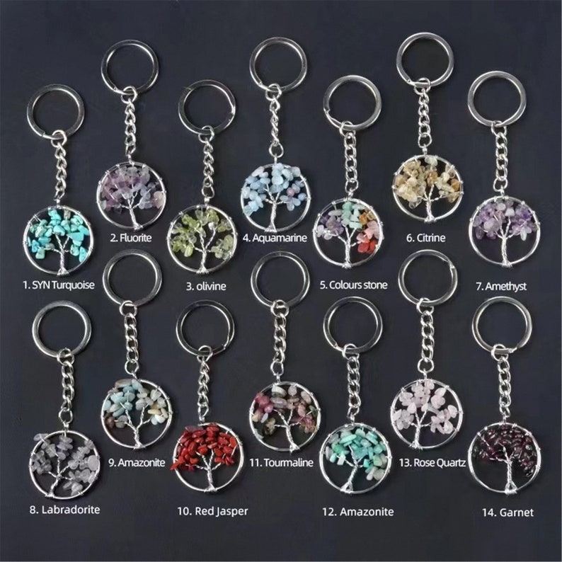 May include: Assortment of 14 gemstone tree of life keychains. Each keychain features a silver-toned tree with a different colored gemstone. The keychains are labeled with the type of gemstone used.