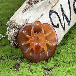 May include: A carved carnelian pendant featuring a detailed spider design. The pendant is a deep orange color with a translucent quality.
