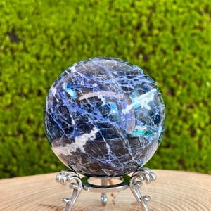 Sodalite Crystal Sphere with Stand: Blue & White Gemstone Orb (336g