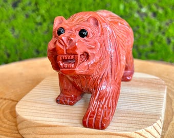 Hand-Carved Red Jasper Bear Sculpture: Natural Crystal Animal Totem