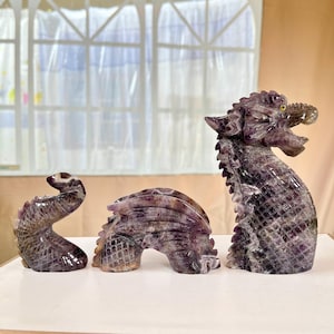 Chevron Amethyst Dragon Carving: Hand-Carved Quartz Crystal Statue