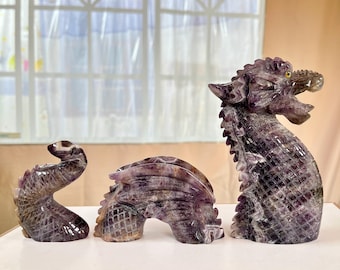 Chevron Amethyst Dragon Carving: Hand-Carved Quartz Crystal Statue