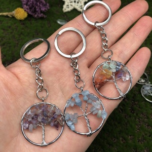 May include: Three silver tree of life keychains with different colored gemstones. The keychains are on a hand, and each keychain has a different color scheme: purple, blue, and orange.
