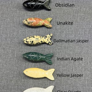 May include: Six carved stone fish figurines in a row. The fish are made from different stones, including obsidian and unakite. Each fish has a unique colour and pattern, with the names of the stones labelled next to each fish.