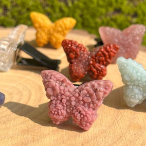 Könnte beinhalten: Sortiment an bunten Schmetterlings-Lufterfrischern für das Auto. Die Schmetterlinge sind aus Harz gefertigt und haben ein strukturiertes, florales Design. Die Farben umfassen Pink, Rot, Gelb, Grün und Weiß.