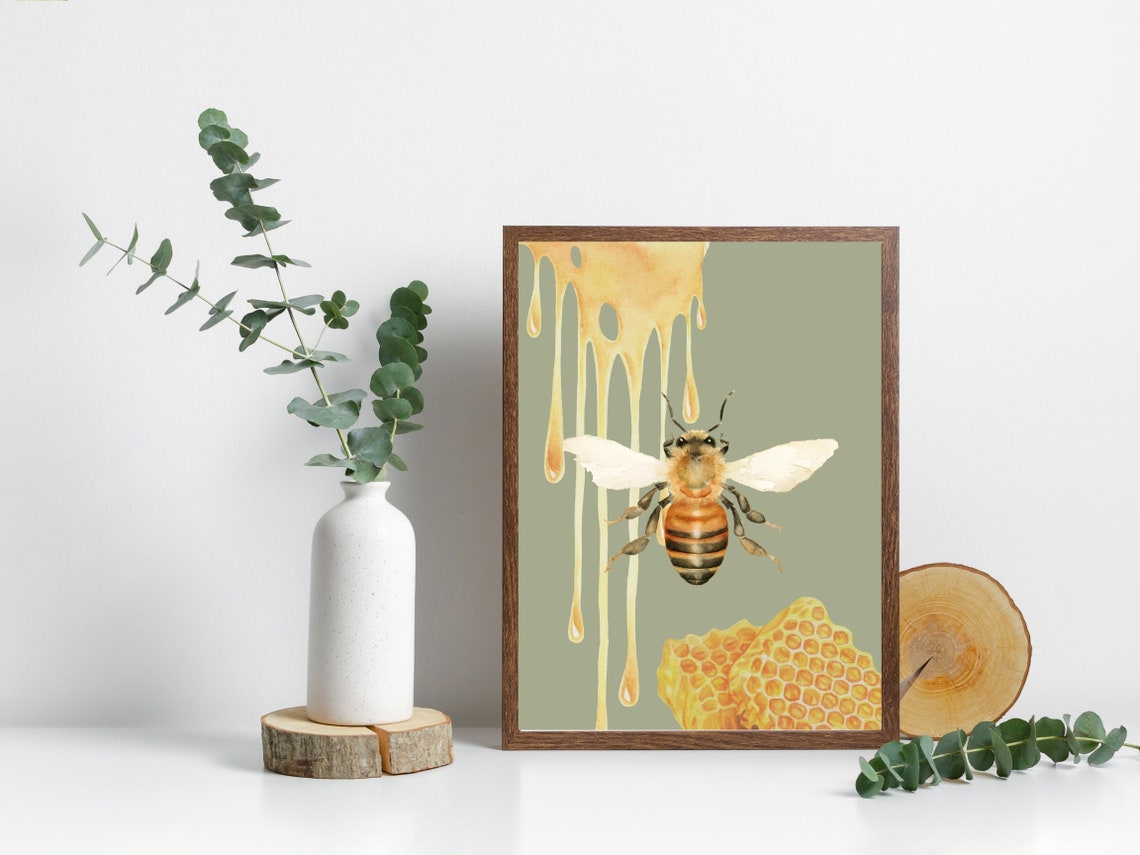 kitchen wall art | bee art print | honey bee decor |... Digital Art Print|honey Bee Wall Decor|honey Comb Decor|plants Art ...