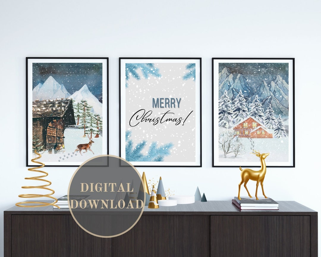 Magical Snowy Winter Decor Set of Prints for Holiday Wall Art cabin in