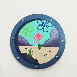 Handgemachte 90er 00s Cartoon Nostalgie Quallen Malerei - Glow-in-the-Dark Acryl auf Leinwand Bullauge Fenster Kunst