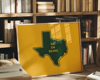 Affiche Baylor | Impression silhouette de l'état du Texas | Décoration murale Waco College | Cadeau de fan d'ours | Sic Em | Décoration de dortoir | Impression universitaire