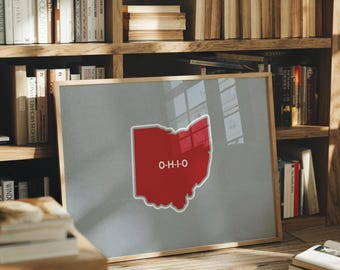 Arte de pared O-H-I-O / Póster de la silueta de Ohio / Impresión del contorno del estado / Rojo escarlata y gris / Decoración para ciudad universitaria / Regalo para fanáticos de Columbus