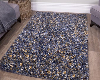 Navy Blue Mottled Shaggy Area Rug Ochre Grey Bedroom Living Room Rugs Long Hallway Runner