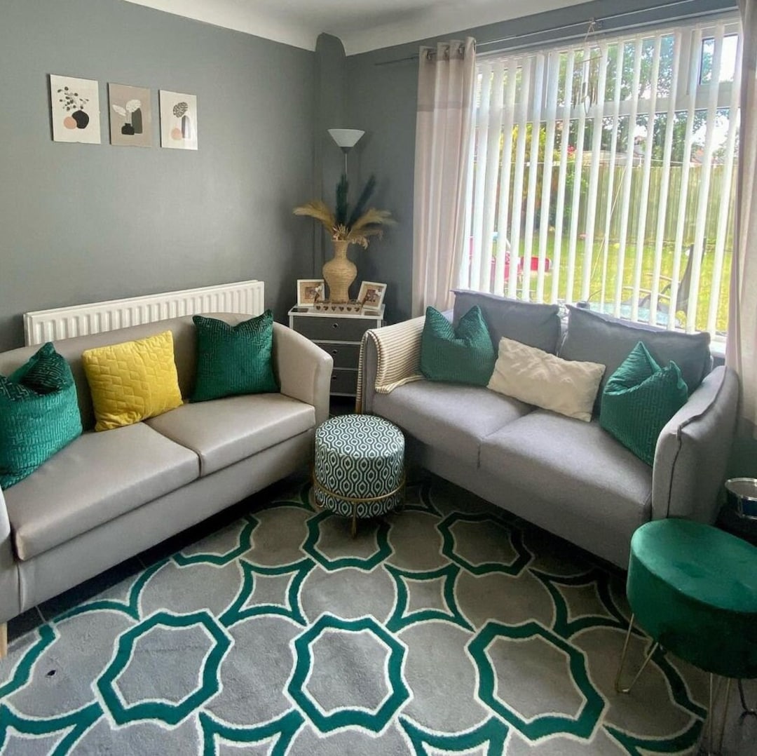 Grey Emerald Green Modern Living Room Rug Soft Geometric Trellis Soft