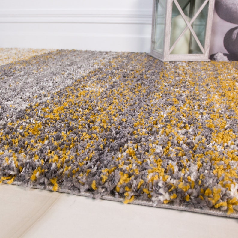 Yellow Grey Striped Mottled Shaggy Area Rug Bedroom Living Etsy