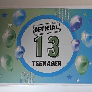 Op de afbeelding: Witte kartonnen doos met een blauw en groen ontwerp, met ballonnen en sterren. De tekst "OFFICIAL 13 TEENAGER" staat prominent in een cirkelvormig kader, wat wijst op een verjaardagsthema.