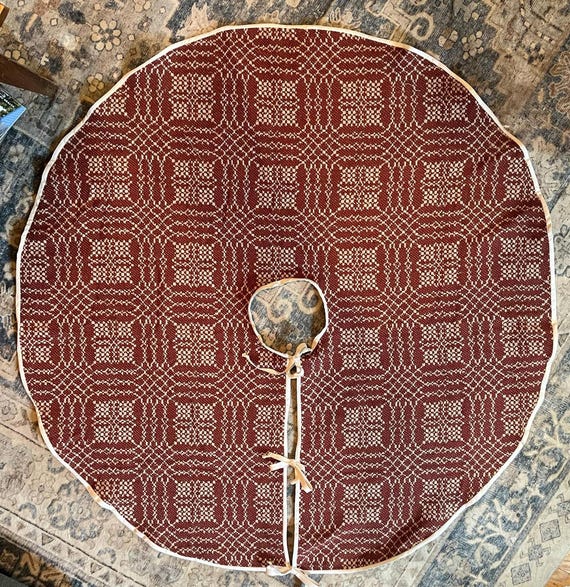 Vintage Quilt Christmas Tree Skirt, Red  and Beige Woven Coverlet, 48” Tree Skirt, Handmade Heirloom Christmas Decor
