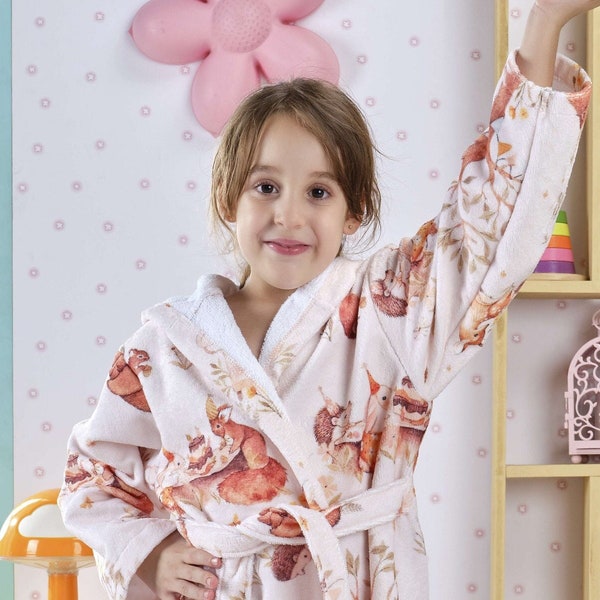 Kids Bathrobe for Girls Cotton, Squirrel Hooded 100% Turkish Cotton, Bathroom Bath, Baby Shower Gift for Kids Christmas