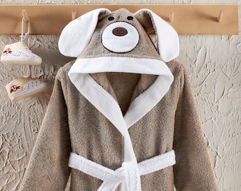 Bathrobe Kids Boys, Personalized Turkish Cotton, Brown Dog, Animal, Hooded 100% Cotton, Bathroom Bath, Baby Shower Gift for Kids Christmas