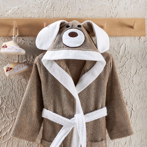 Bathrobe Kids Boys, Personalized Turkish Cotton, Brown Dog, Animal, Hooded 100% Cotton, Bathroom Bath, Baby Shower Gift for Kids Christmas