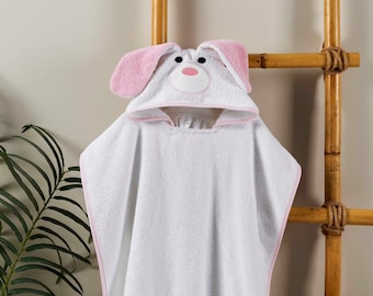 Personalisierte Strandtuch für Kinder Türkischer Bademantel Poncho Mädchen Hund Weiß Rosa Mit Kapuze % 100 Baumwolle Kleinkind Geschenk Pool Bad Baby Handtuch