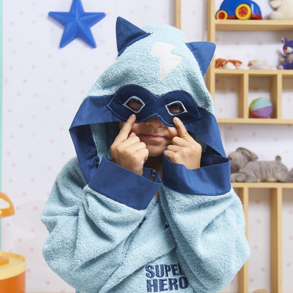 Kinder Bademantel Jungen Superheld mit Monogramm Personalisierte Blitz Blau mit Kapuze 100% türkische Baumwolle Frottee Badetuch Babypartygeschenk für Kinder