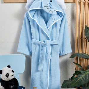 Kids Bathrobe Boys Girls Personalized Baby Blue Elephant Animal Hooded Bathroom Bath Costume Gift Boys Girls Kids Robe %100 Turkish Cotton image 3