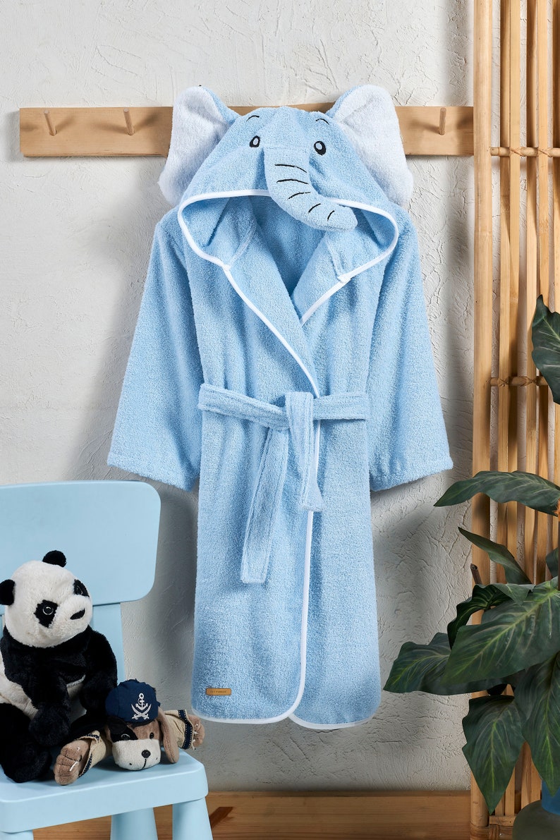 Kids Bathrobe Boys Girls Personalized Baby Blue Elephant Animal Hooded Bathroom Bath Costume Gift Boys Girls Kids Robe %100 Turkish Cotton image 3