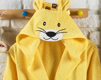 Kids Bathrobe for Boys Girls, Personalized Gift, Monogrammed Bath Towel Cotton, Yellow Lion Animal Hooded, Baby Shower, Birthday for Toddler