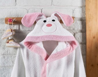 Personalized Turkish Bathrobe for Girls, Kids White Pink Dog, Animal, Hooded 100% Cotton, Bathroom Bath, Baby Shower Gift for Kids Christmas