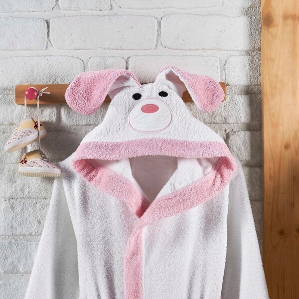 Personalized Turkish Bathrobe for Girls, Kids White Pink Dog, Animal, Hooded 100% Cotton, Bathroom Bath, Baby Shower Gift for Kids Christmas
