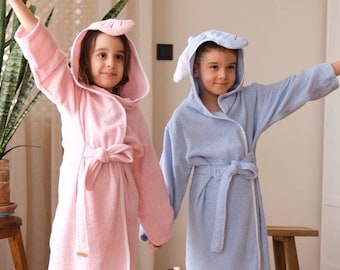 Kids Bathrobe Boys Girls Personalized Baby Blue Elephant Animal Hooded Bathroom Bath Costume Gift Boys Girls Kids Robe %100 Turkish Cotton