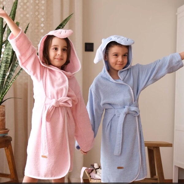 Kids Bathrobe Boys Girls Personalized Baby Blue Elephant Animal Hooded Bathroom Bath Costume Gift Boys Girls Kids Robe %100 Turkish Cotton