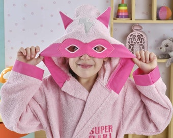 Bathrobe Kids Girls Superhero Personalized Monogrammed Pink Hooded 100% Turkish Cotton, Terry Cloth Bath Towel, Baby Shower Gift for Kids