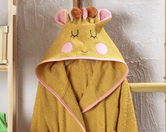Peignoir de bain personnalisé pour enfants en coton turc pour fille, baignoire à capuche animal girafe moutarde, cadeau d'anniversaire pour baby shower