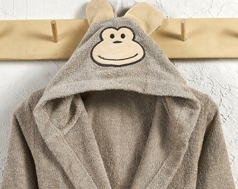 Personalized Turkish Bathrobe for Kids, Girls,Boys,Unisex, Brown Monkey Animal, Hooded %100 Cotton, Bathroom Bath, Baby Shower Gift for Kids