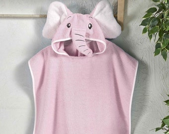 Serviette de plage personnalisée pour enfants, peignoir turc, poncho pour filles, éléphant rose, capuche, 100 % coton, cadeau pour bambin, piscine, serviette de bain pour bébé