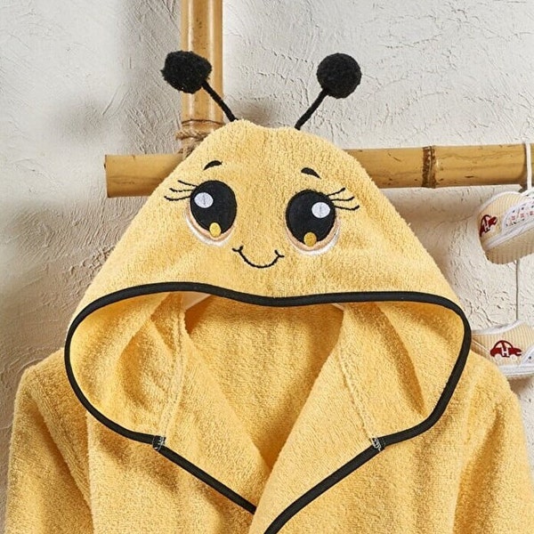 Bathrobe Kids Personalized, Girls, Maya Bee Yellow Animal Hooded 100Turkish % Cotton, Bathroom Bath Towel, Baby Shower Birthday Gift