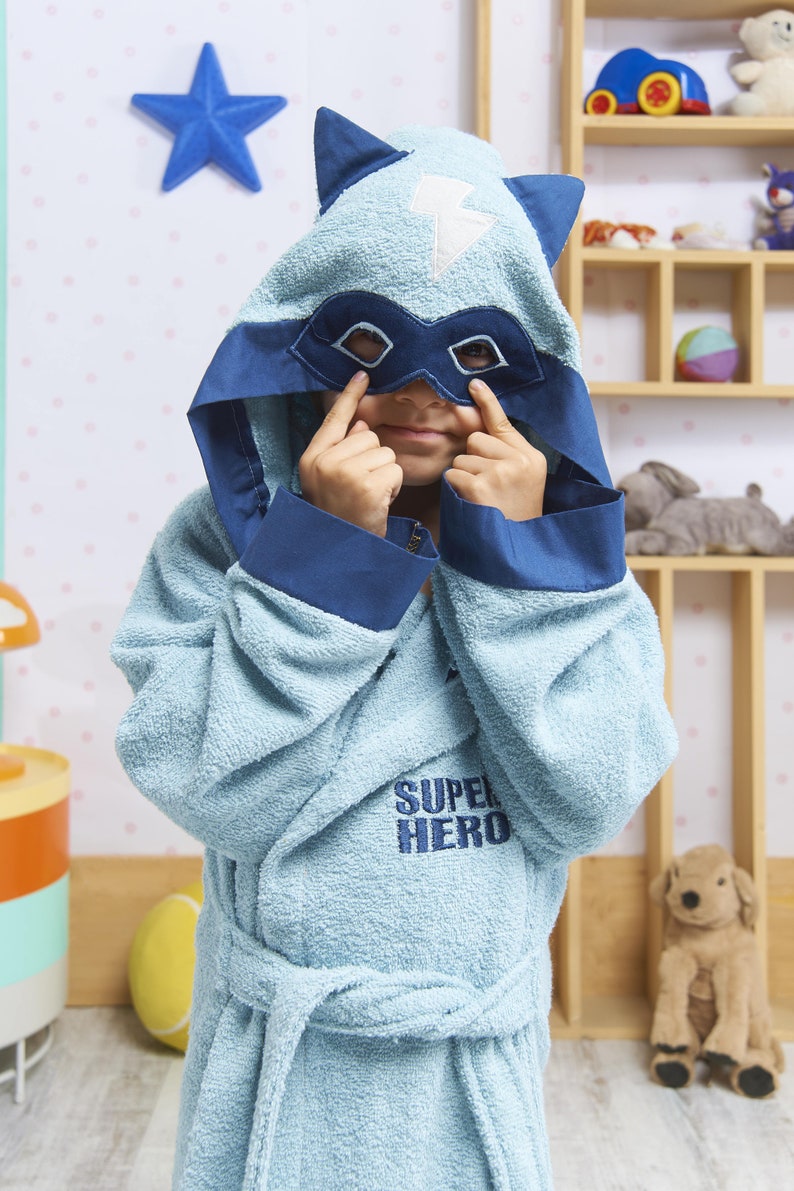 bathrobe kids turkish cotton hooded super hero boy blue mask