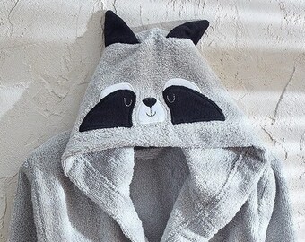 Bathrobe for Boys, Kids, Personalized Gift Turkish Cotton Towel, Raccoon Gray Animal Hooded Bath, Baby Shower Gift for Toddler