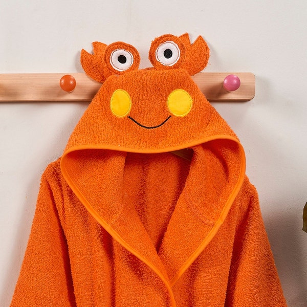 Peignoir Enfant Personnalisé Garçons et filles, bébé cadeau, serviette de bain en coton monogrammée, capuche en forme de crabe orange robe