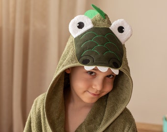 Bathrobe Kids Personalized Boys Alligator Crocodile Green Animal Hooded Turkish 100% Cotton, Bathroom Bath, Baby Shower Birthday Gift