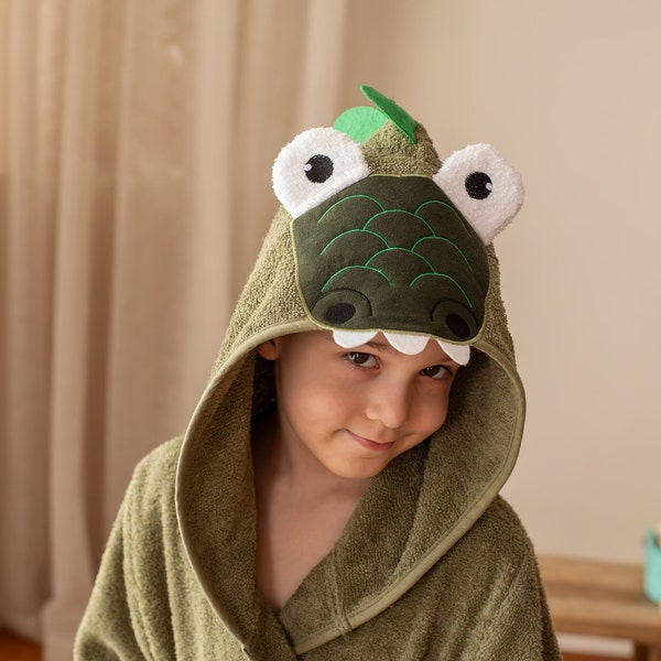 Bademantel Kinder Personalisiert Jungen Alligator Krokodil Grün Tier mit Kapuze Türkisch 100% Baumwolle, Badezimmer Badewanne, Babyparty Geburtstagsgeschenk