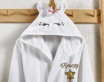 Accappatoio per bambini per ragazze, personalizzato, unicorno bianco con cappuccio in cotone turco, vasca da bagno, regalo per baby shower per i più piccoli ricamato