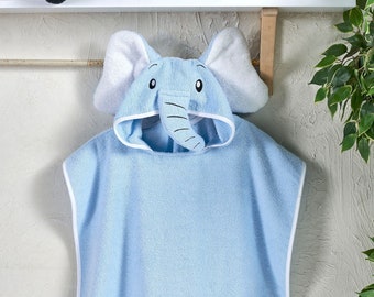 Serviette de plage personnalisée pour enfants, peignoir turc, poncho pour garçons, éléphant jaune, bleu à capuche, 100 % coton, cadeau pour tout-petit, serviette de bain pour bébé, piscine