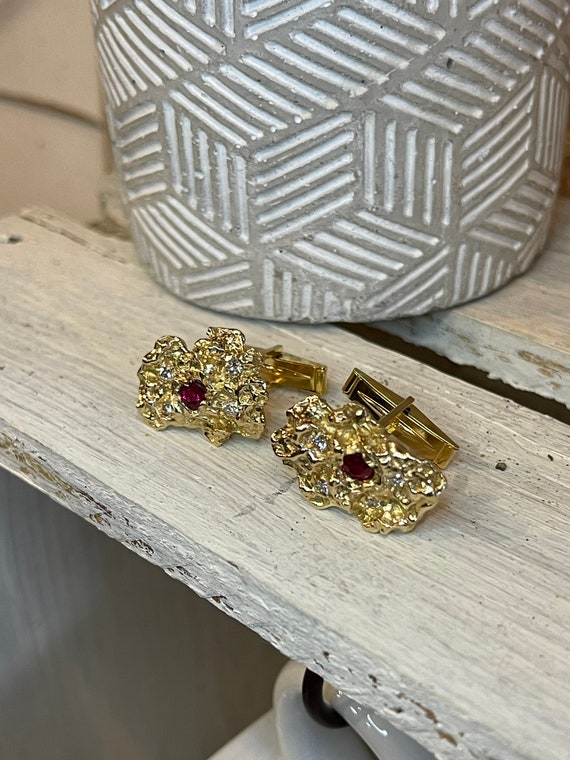 Vintage Ruby & Diamond Nugget Cuff Links - image 3