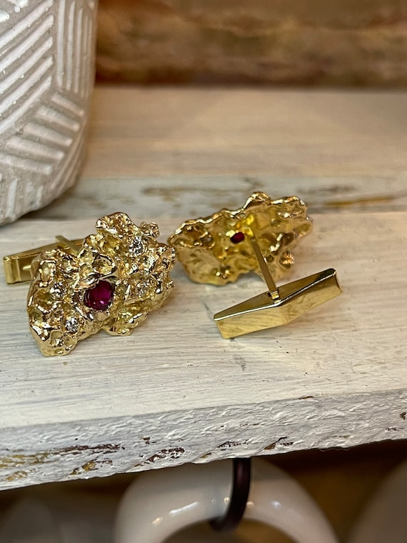 Vintage Ruby & Diamond Nugget Cuff Links - image 4