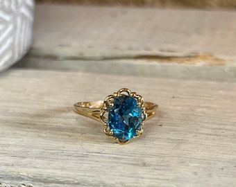 Blue Oval Topaz Solitaire Ring in 14k Yellow Gold