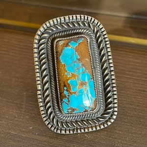 Calvin Martinez Signed Navajo Rectangular Royston Turquoise Ring, Size 10