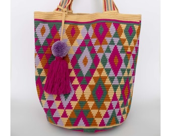 Bolso grande de algodón, bolso wayuu de La Guajira Colombia, bolso tejido a mano, pieza única