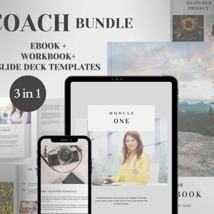 Könnte beinhalten: Ein digitales Produktpaket für Coaches, bestehend aus einem E-Book, einem Arbeitsbuch und Präsentationsvorlagen. Das Bild zeigt ein Mockup des E-Books, des Arbeitsbuchs und der Präsentationsvorlagen auf einem Computerbildschirm, einem Tablet und einem Telefon. Der Text "COACH BUNDLE" ist in großen, fetten Buchstaben oben im Bild dargestellt.