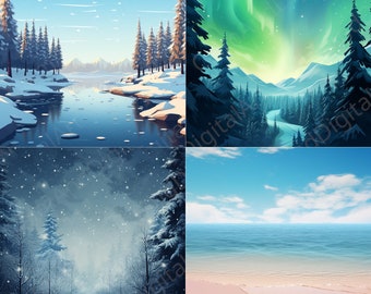 May include: A collage of four different winter scenes. The top left image shows a snowy forest with a frozen lake and a full moon in the sky. The top right image shows a snowy forest with a river and a green aurora borealis in the sky. The bottom left image shows a snowy forest with a path leading through the trees. The bottom right image shows a beach with blue water and a clear sky.